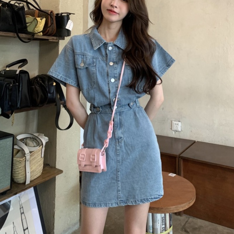 Vintage Hong Kong Style Denim Dress for Women Spring Slim Fit Short Length Elegant Design Perfect for Casual