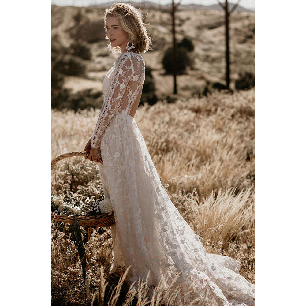 Elegant Maxi Dress Sexy V Neck Long Sleeve Hollow Lace Design Perfect for Weddings and Formal Events Wholesale