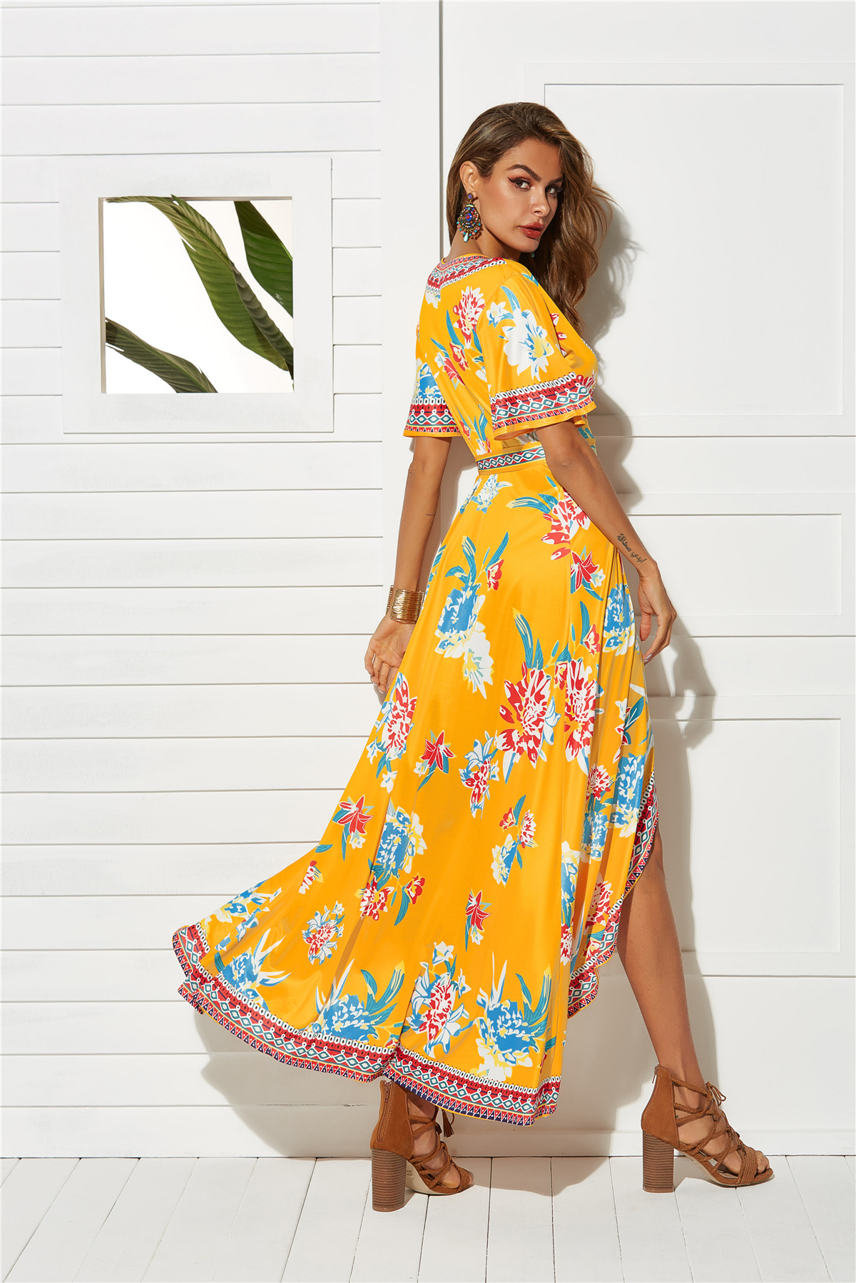 Womens Beach Dress Short Sleeve Sexy V Neck Split Hem Floral Print Vacation Wear Wholesale Available