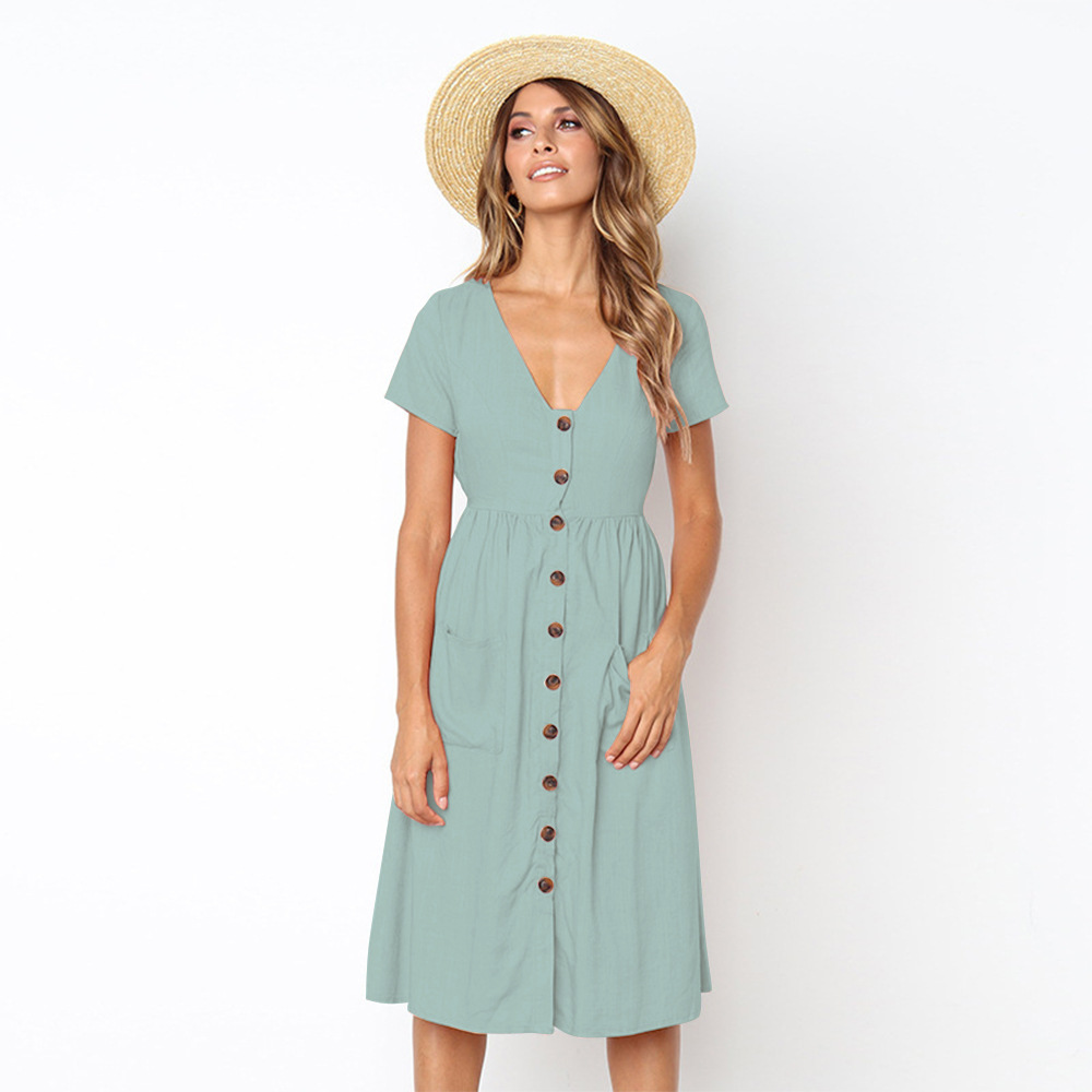 Summer High Waisted Dress V Neck Button Closure Pocket Design Available in Eight Colors Wholesale Supply
