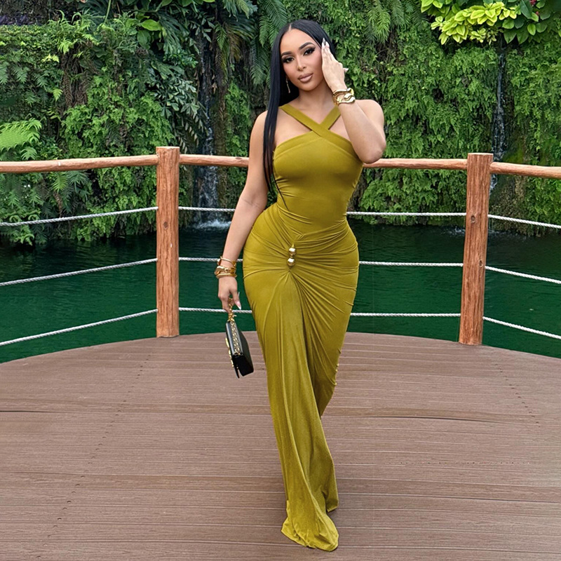 European and American Cross Border Autumn Winter New Women's Fashion Cross Neck Solid Color Pleated Waist Slim Mermaid Dress