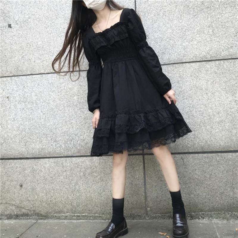Lace Panel Puff Sleeve Little Black Dress Elegant Design Soft Luxury Autumn Fashion Available for Wholesale