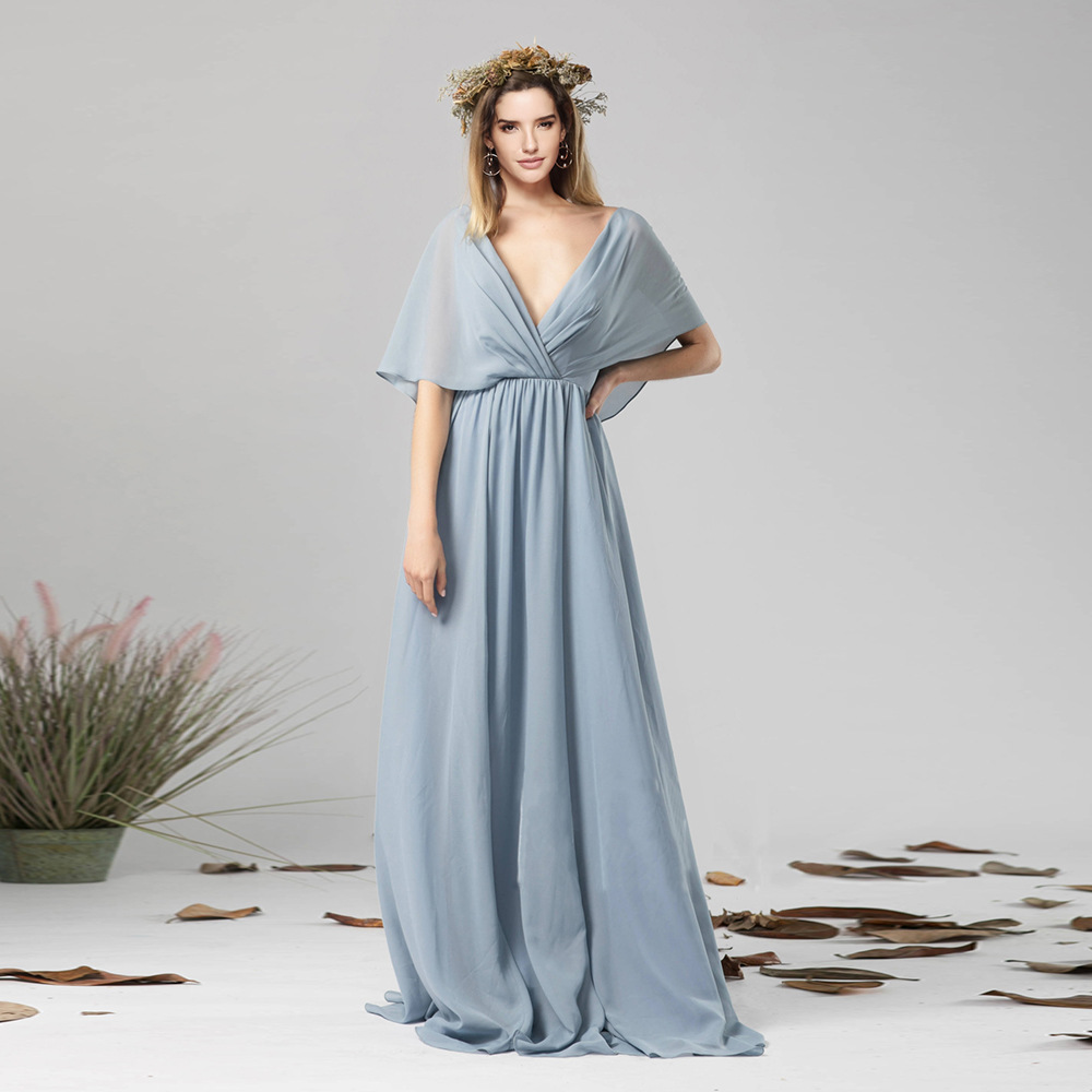 Chiffon Maxi Dress Deep V Neck Open Back Elegant Design Perfect for Parties and Special Occasions Wholesale