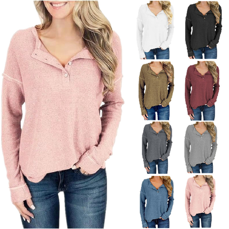 Waffle Knit Long Sleeve T Shirt for Women V Neck Button Detail Casual Style Wholesale Available