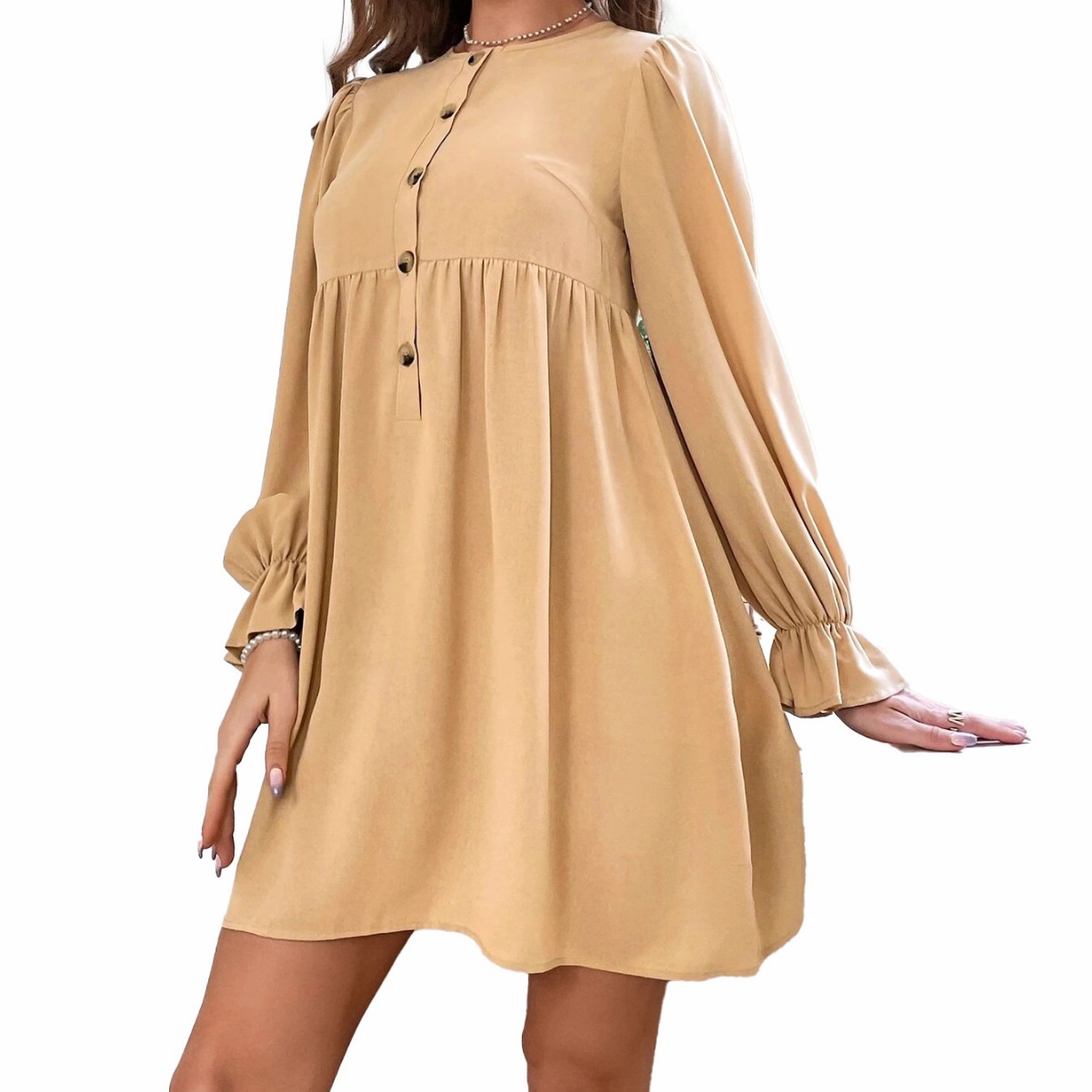 New Fresh Sweet Loose Single breasted Round Neck Long Sleeve Doll Dress