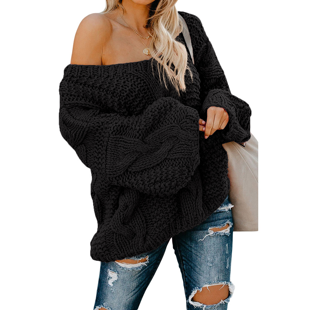 Womens Winter V Neck Sweater Long Sleeve Loose Fit Solid Color Chunky Knit Casual Wear Wholesale Available