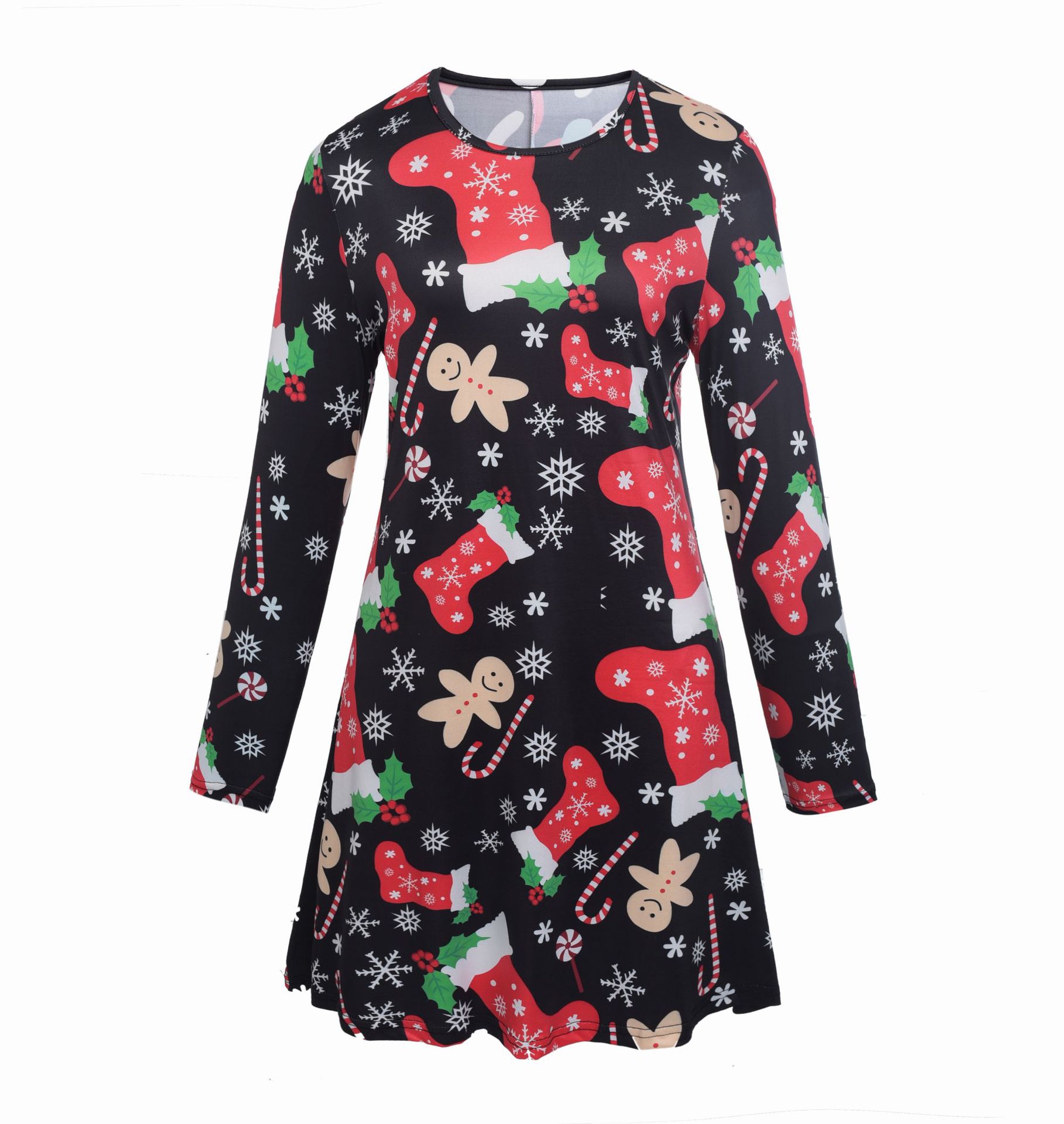 Long Sleeve Christmas Dress Floral Print Mid Waist Elegant Design Autumn Winter Fashion for Women Wholesale