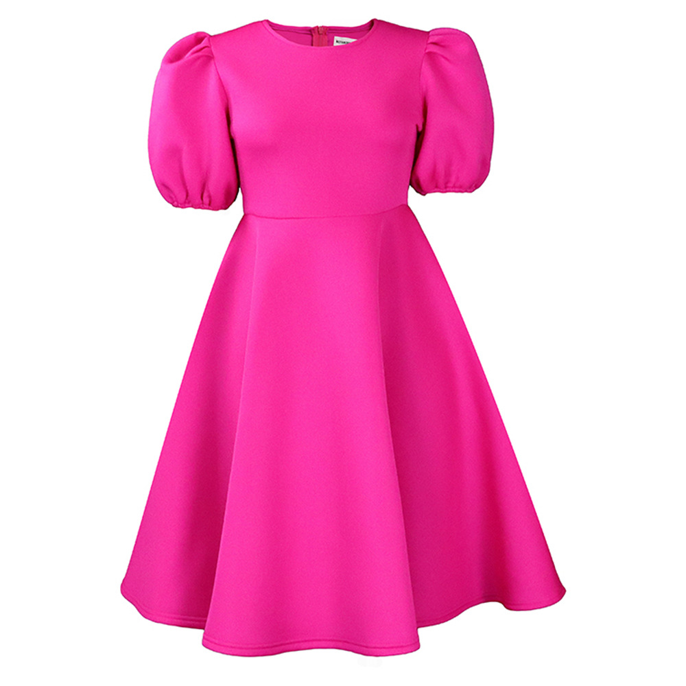 European and American Markets A Line Dress — Round Neck, Puff Sleeves, Waist Cinched, Flared Skirt — Formal Occasion — Wholesa