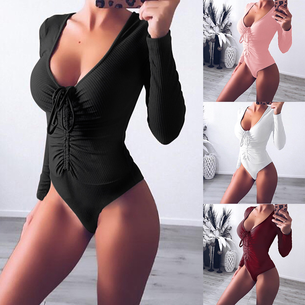 Deep V Neck Drawstring Triangle Jumpsuit Solid Color Knitted Stretch Fabric Casual Wear for Women Wholesale