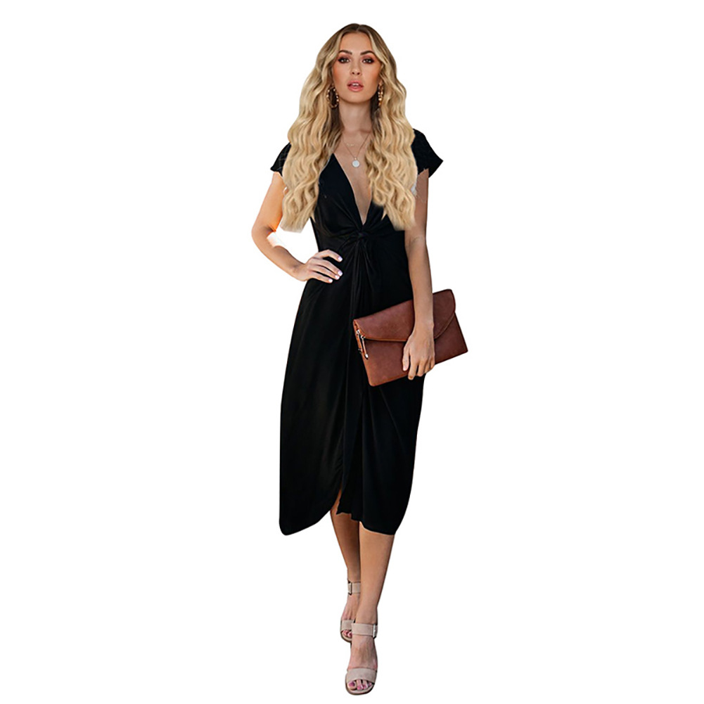 Summer Womens A Line Dress Sexy V Neck Short Sleeve Mid Waist Midi Length Casual Wear Wholesale Available