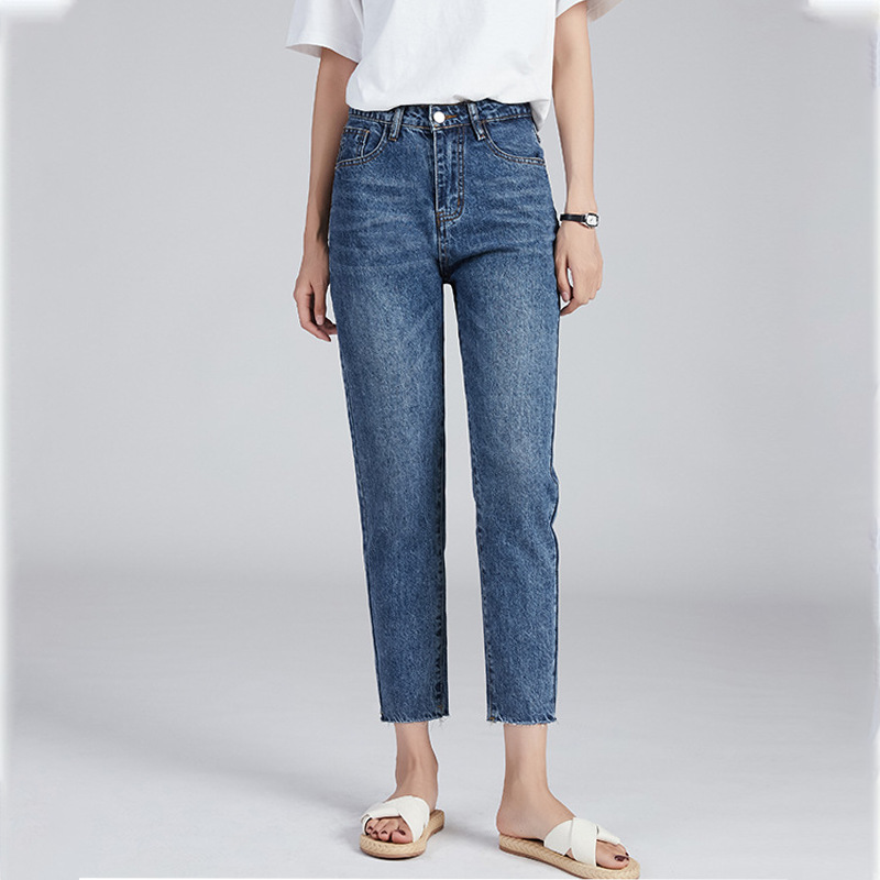 High Waisted Cropped Straight Leg Jeans for Women Ripped Hem Loose Fit Slimming Design Casual Spring Fall Wear