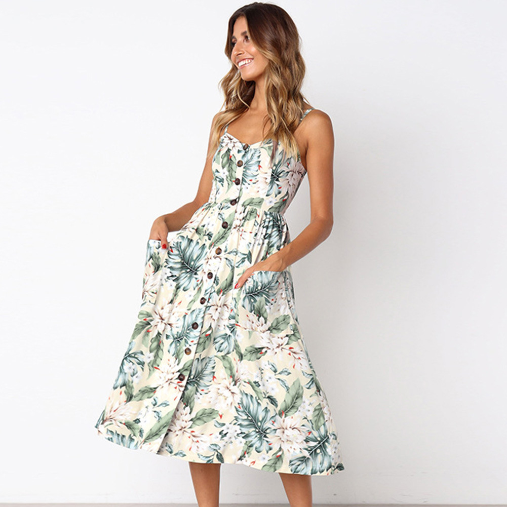 Bohemian Printed Midi Dress Summer Style Backless Design Adjustable Straps Perfect for Casual Outings Wholesale