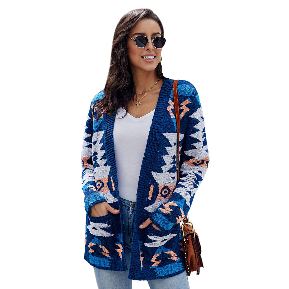 Womens Long Cardigan Sweater Winter Geometric Pattern Loose Fit Knit Fabric Wholesale Supply Available