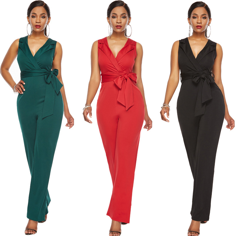 Sleeveless Deep V Neck Jumpsuit Casual Wide Leg Design Summer Fashion for Women Wholesale Available