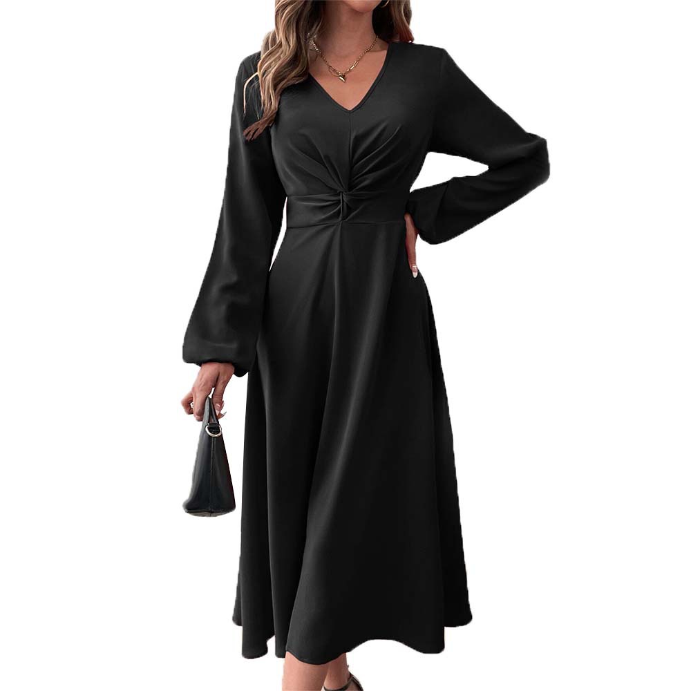 French Style V Neck Midi Dress Elegant A Line Silhouette High Waist Autumn Winter Fashion Wholesale Available