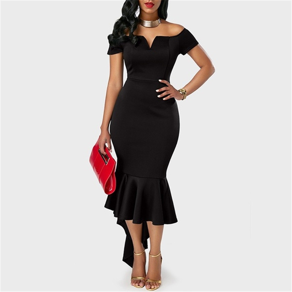 Womens Autumn Dress Short Sleeve Off Shoulder V Neck Asymmetrical Hem Casual or Evening Wear Wholesale Available