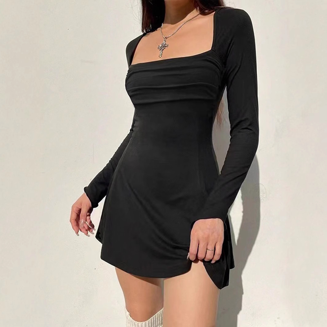 Women's Elegant Casual Square-Neck Long-Sleeve Mini Dress