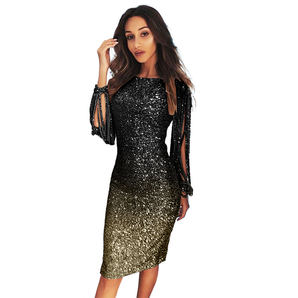 Color Block Sequin Dress Round Neck Fringe Sleeves Elegant Design Perfect for Parties and Gatherings Wholesale