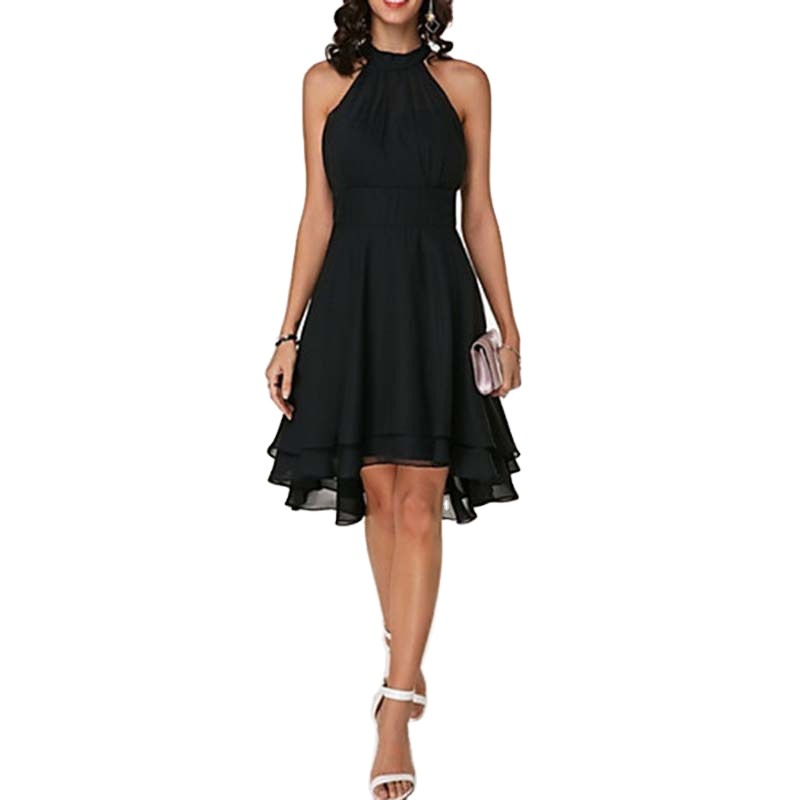 Summer Womens A Line Dress Sexy Solid Color Asymmetrical Cut Double Layer Ruffle Sleeveless Chiffon Casual Wear