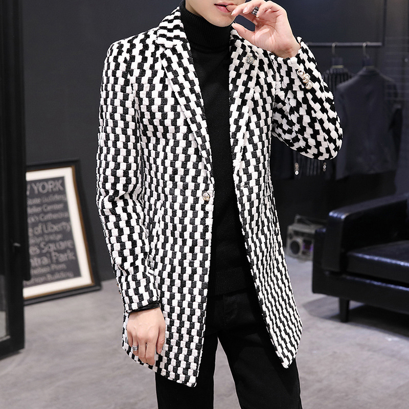 Mens Slim Fit Plaid Blazer Faux Fur Wool Blend Stylish Design Autumn Winter Outerwear Wholesale Available