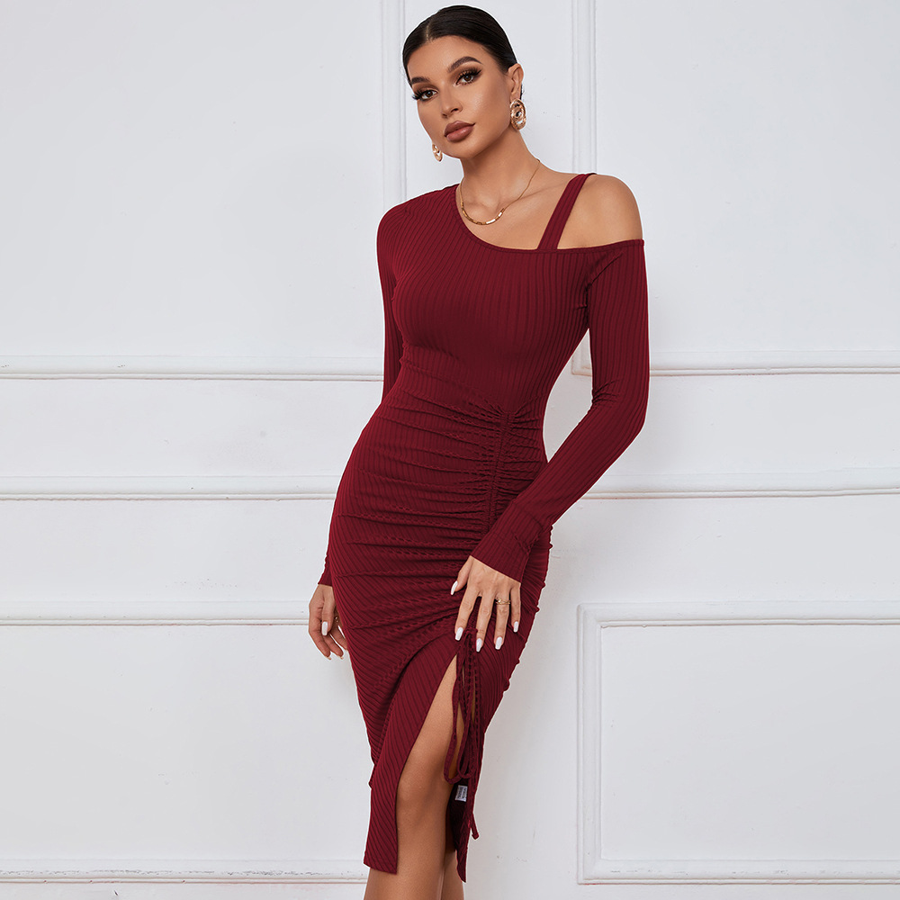 Dress with Slit and Off Shoulder Design, Autumn and Winter Bodycon Long Sleeve Dress, European and American Sexy Style