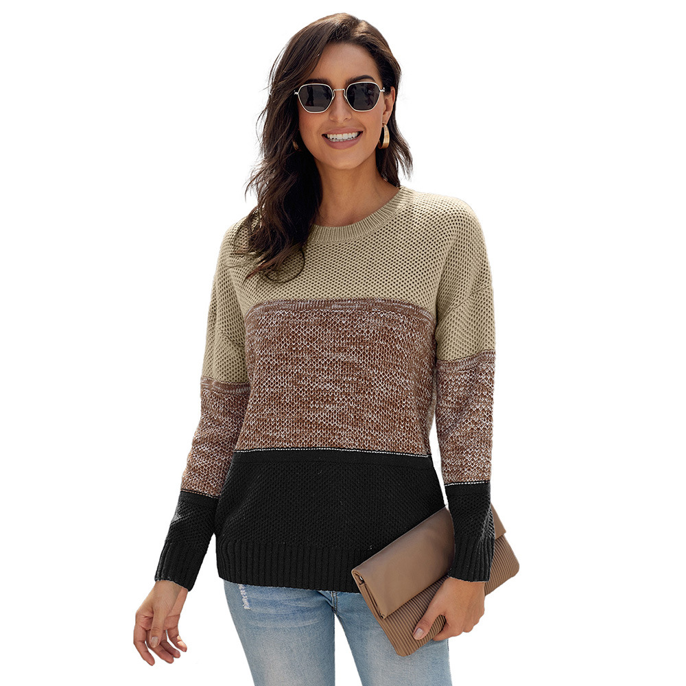 Womens Color Block Knit Sweater Round Neck Long Sleeve Cozy Fabric Winter Casual Wear Wholesale Available