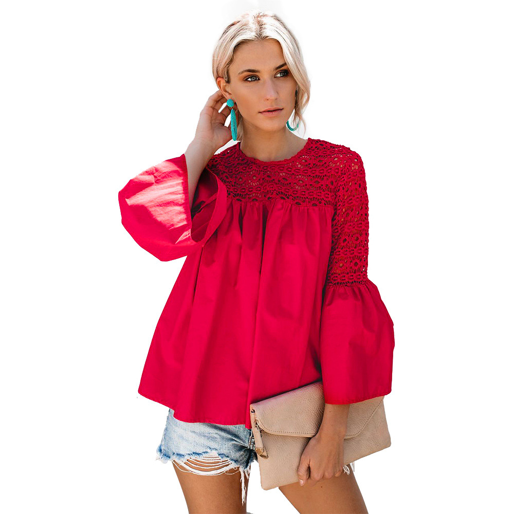 Lace Panel Hollow Out T Shirt Solid Color Spring Style Womens Casual Top Wholesale Available