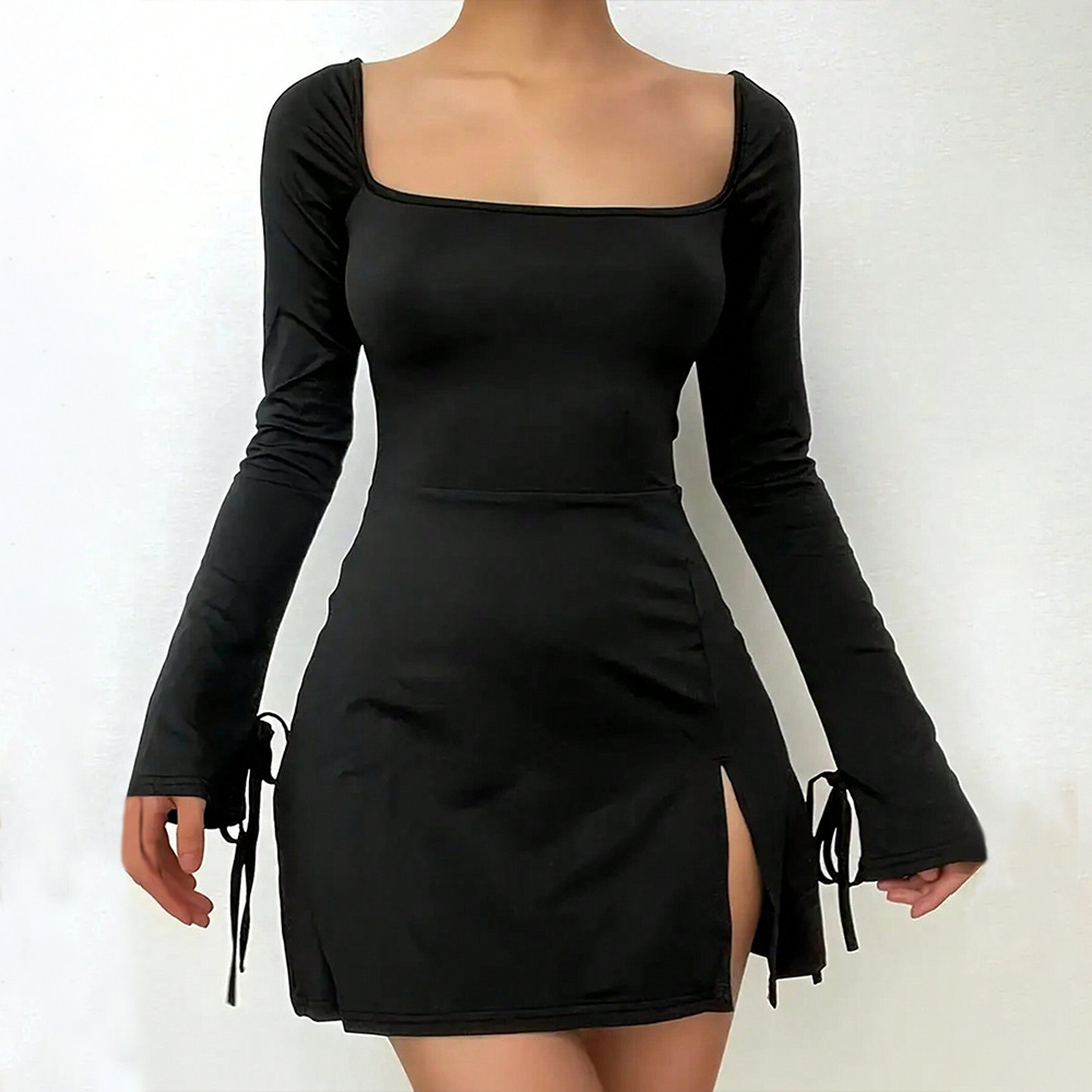 Red A Line Dress High Waist Square Neck Split Hem Versatile Autumn Winter Style Wholesale Available