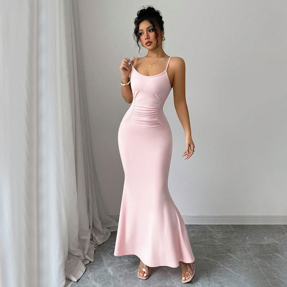 Summer Slim Fit Pink Camisole Dress with High Waist and Mermaid Skirt