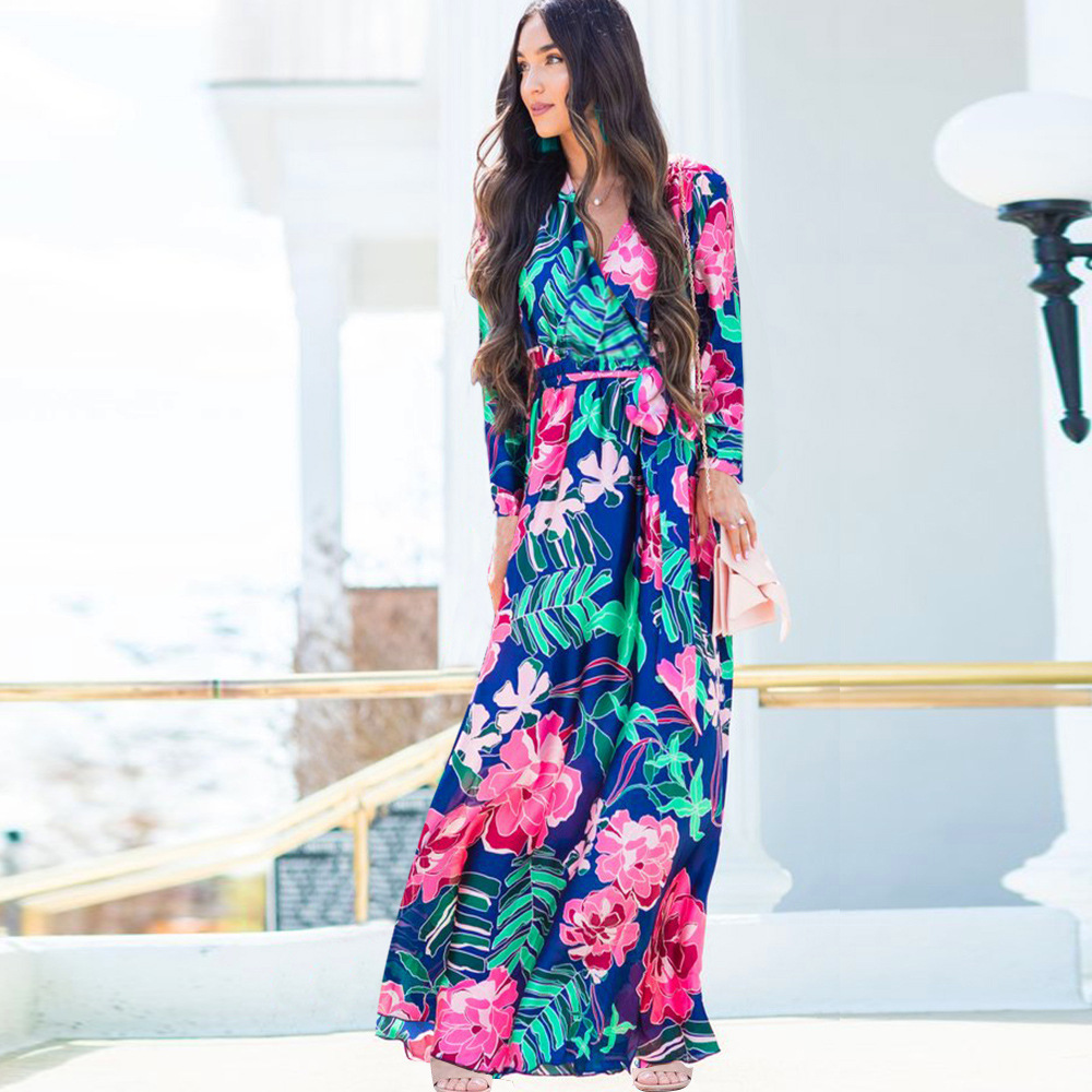 Spring Womens Long Dress V Neck Mid Waist Floral Print Long Sleeve Casual or Formal Wear Wholesale Available