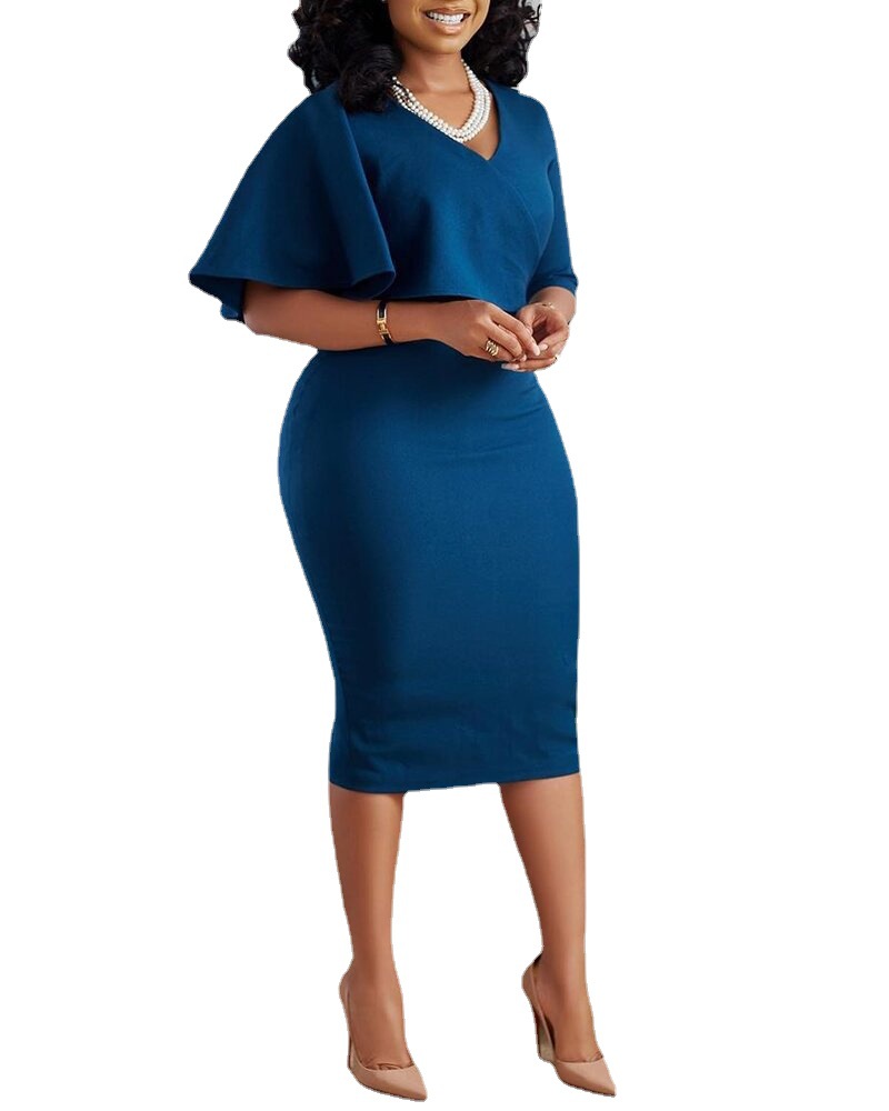 Plus Size Solid Color V Neck Backless Ruffle Sleeve Dress Elegant Design for Parties and Events Wholesale Available