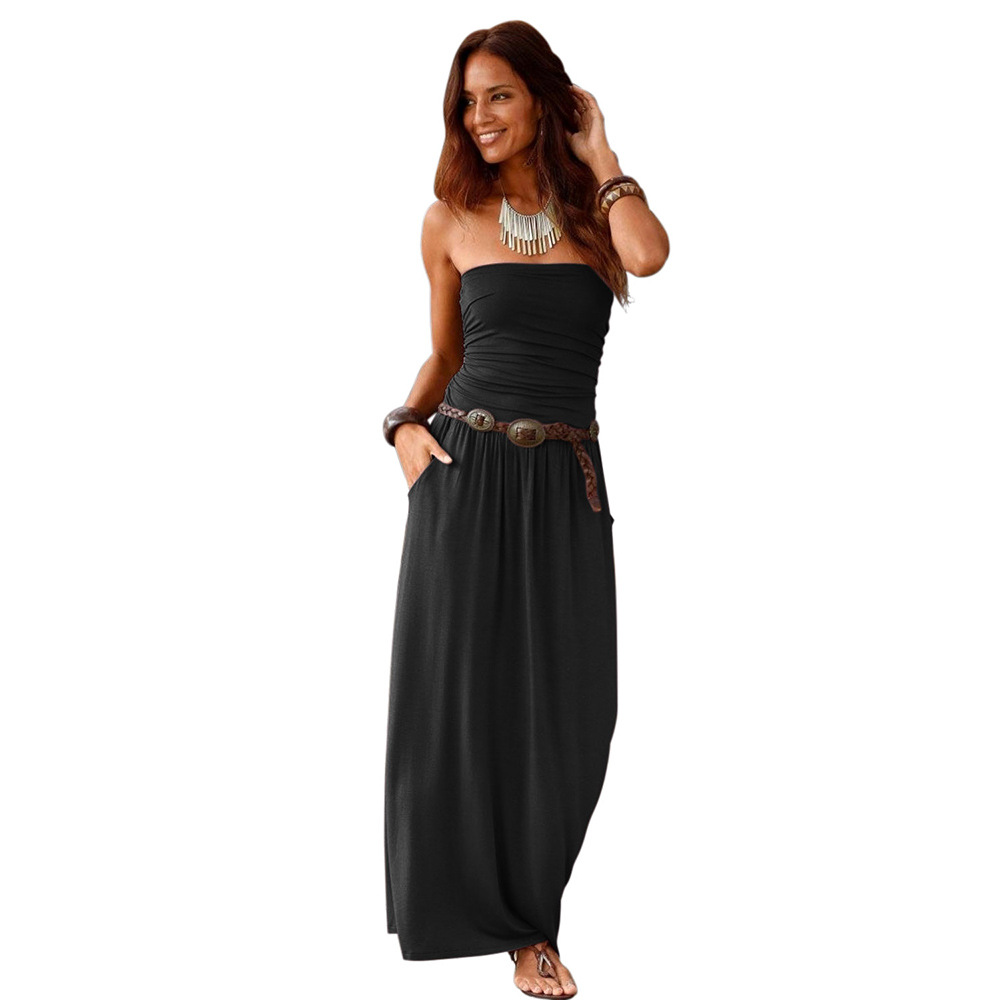 Summer Womens Dress Solid Color Strapless High Waist Pocketed Casual or Evening Wear Wholesale Available
