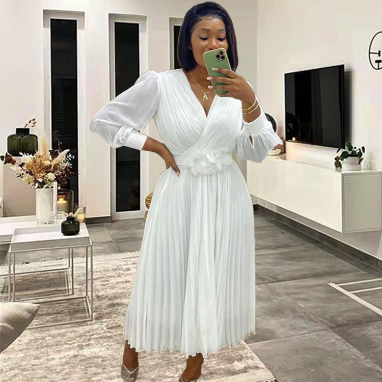 Long Sleeve Solid Color Pleated Dress Waist Defining Elegant Design Perfect for Casual or Formal Occasions Wholesale