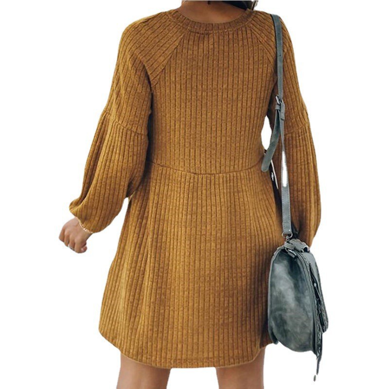 Womens Knit Long Sleeve Dress Ribbed Cotton Blend Short Length Autumn Winter Style Wholesale Available