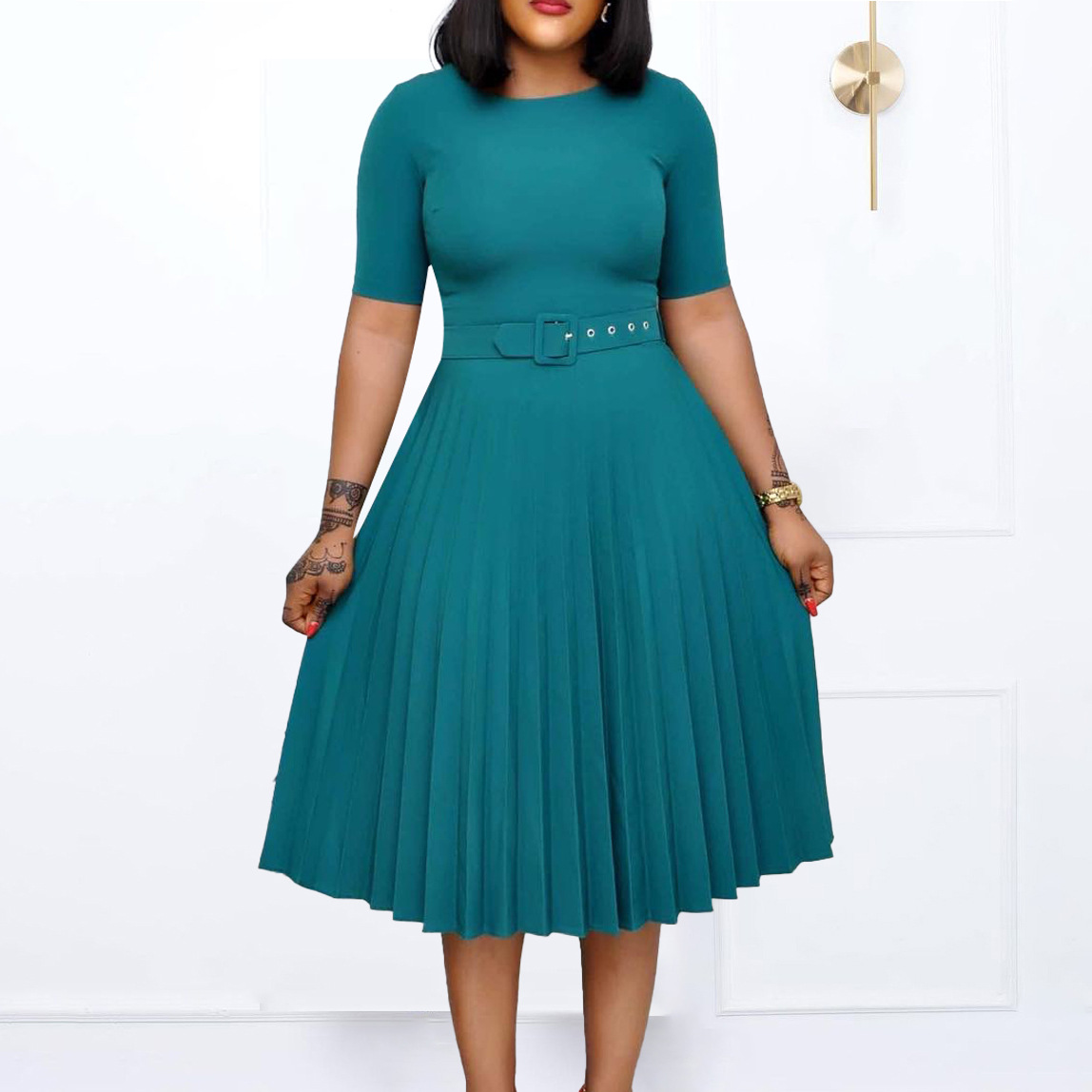 New Women's Mid Length Pleated Skirt with Round Neck, Plus Size African Dress for Cross Border Fashion in Europe and America