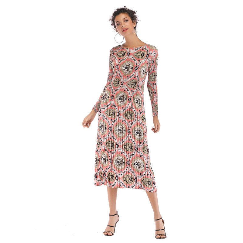 Geometric Print Chiffon Dress Long Sleeve Belted Pleated Design Perfect for Spring Summer Events Wholesale Available