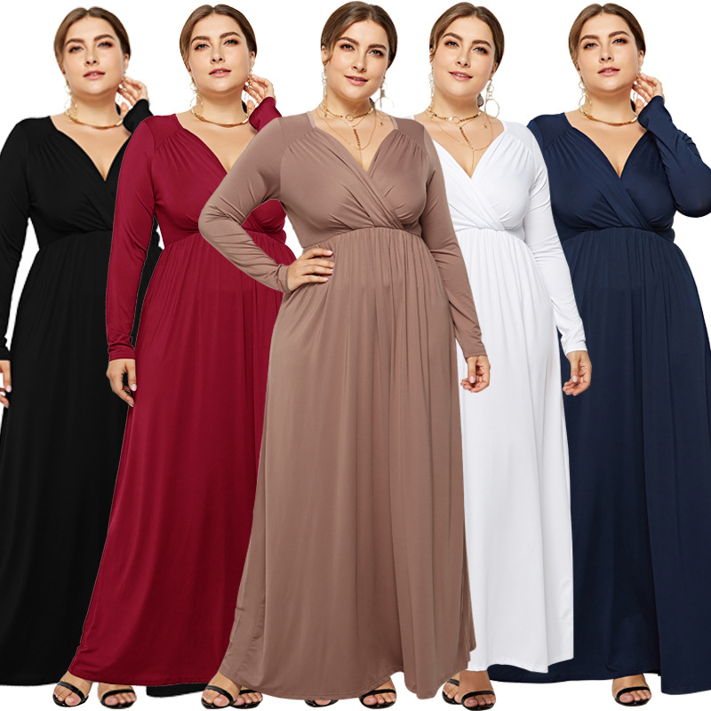 Plus Size Evening Dress Deep V Neck Long Sleeve Solid Color Elegant Spring Style for Special Occasions Wholesale