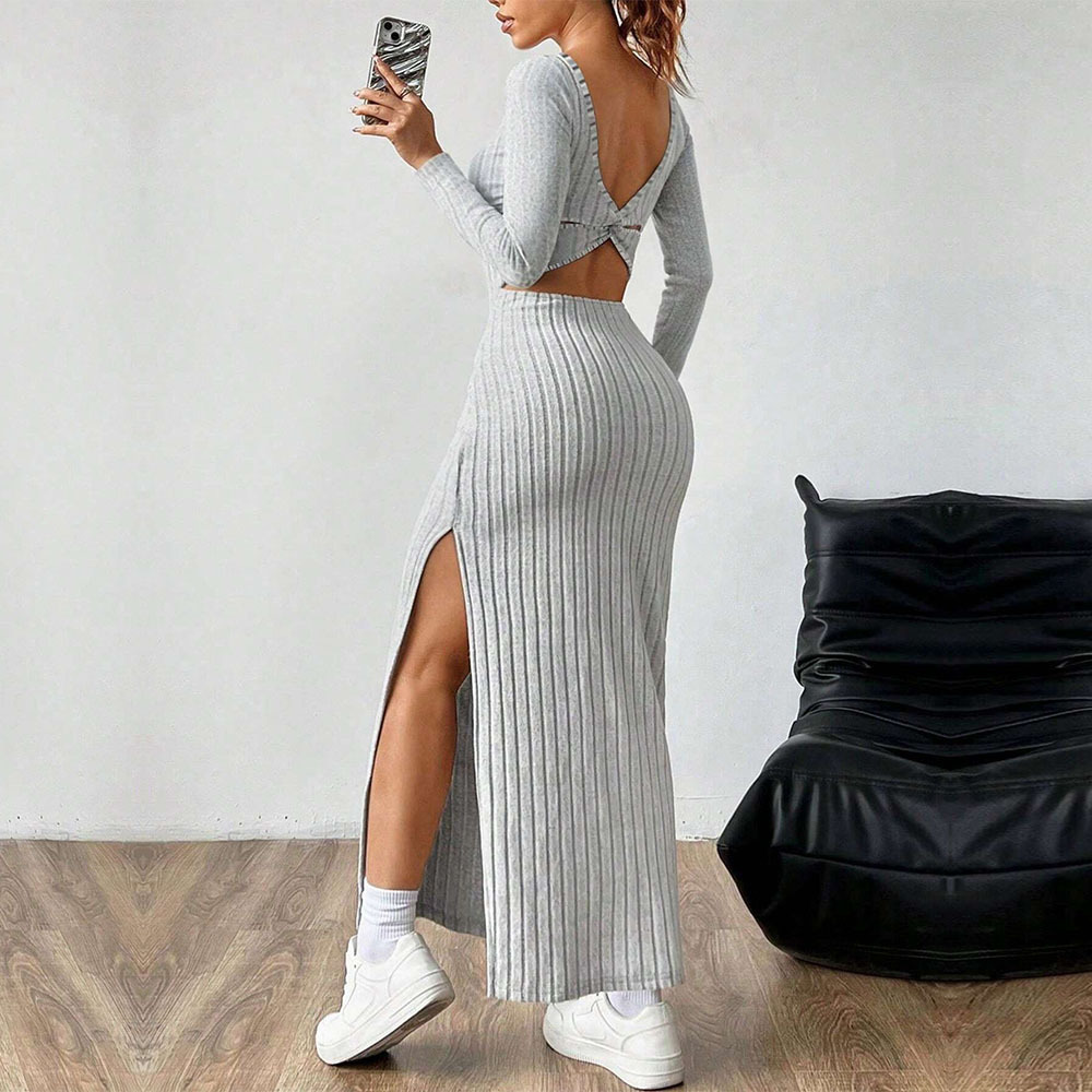 Simple Elegant Women's Dress with Square Neck and Backless Design, Long Sleeve Mid length Dress for Autumn and Winter