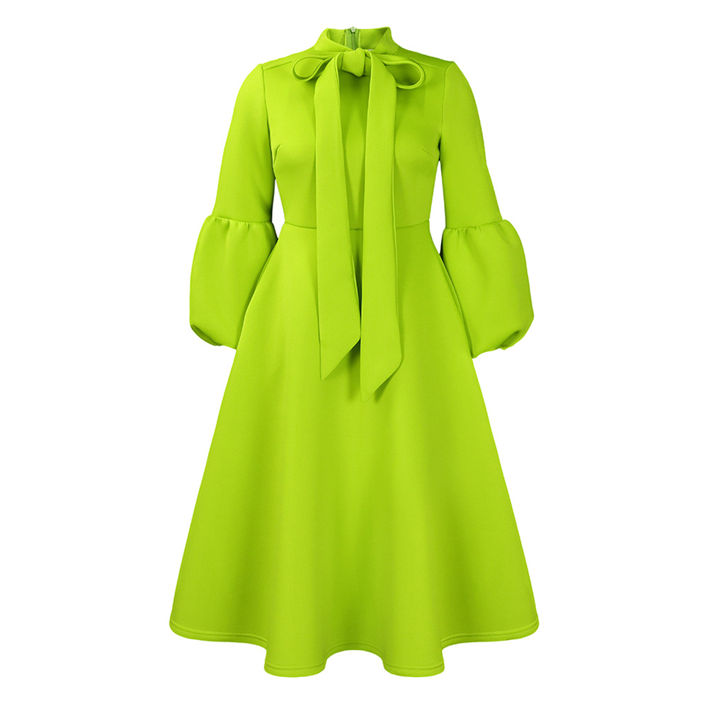 Plus Size Fashion Dress — High Waist, Lantern Sleeves, Bow Tie, Flowy Design — Spring Style — Wholesale Supply Terms