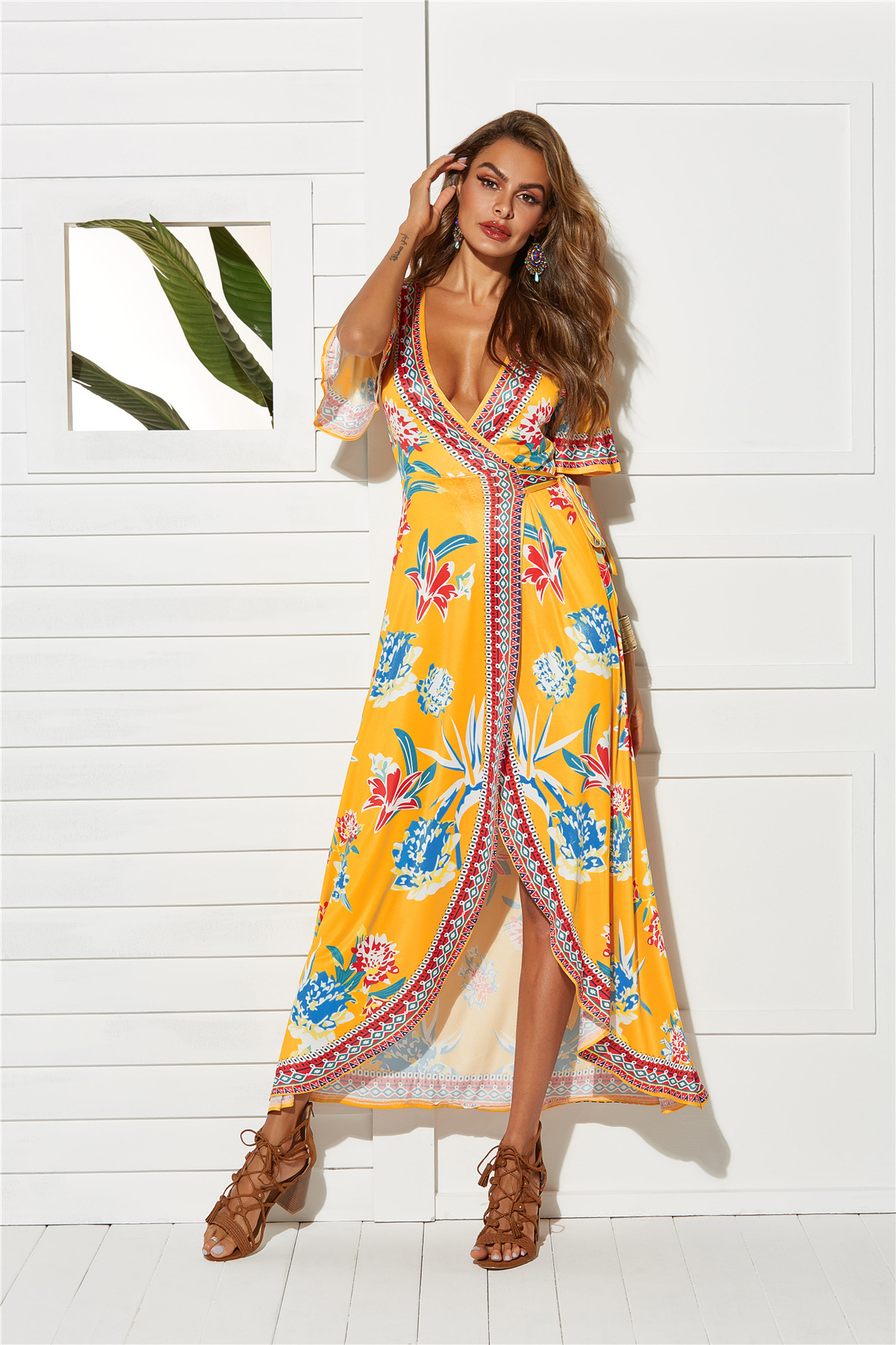 Womens Beach Dress Short Sleeve Sexy V Neck Split Hem Floral Print Vacation Wear Wholesale Available