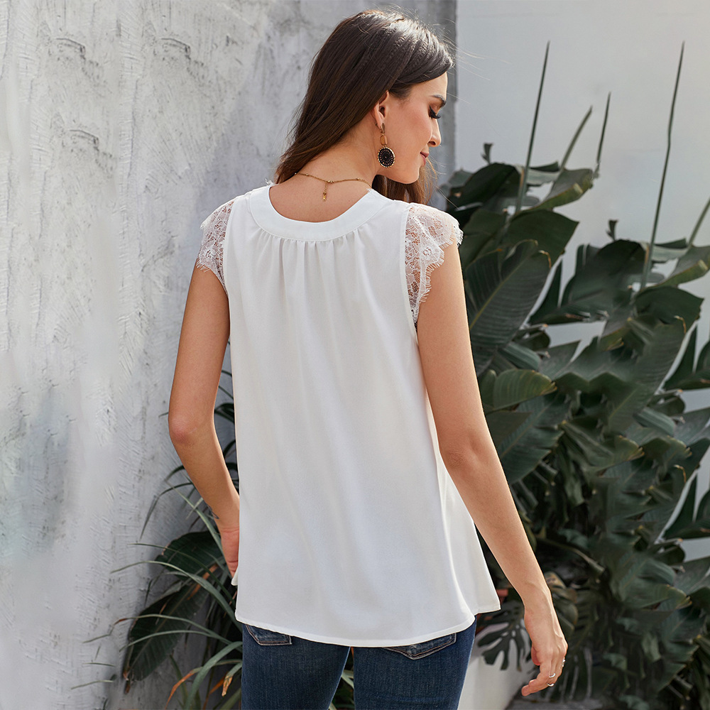 European Style V Neck Short Sleeve Lace Print Reversible Top Loose Fit Solid Color Versatile Wear Wholesale Available