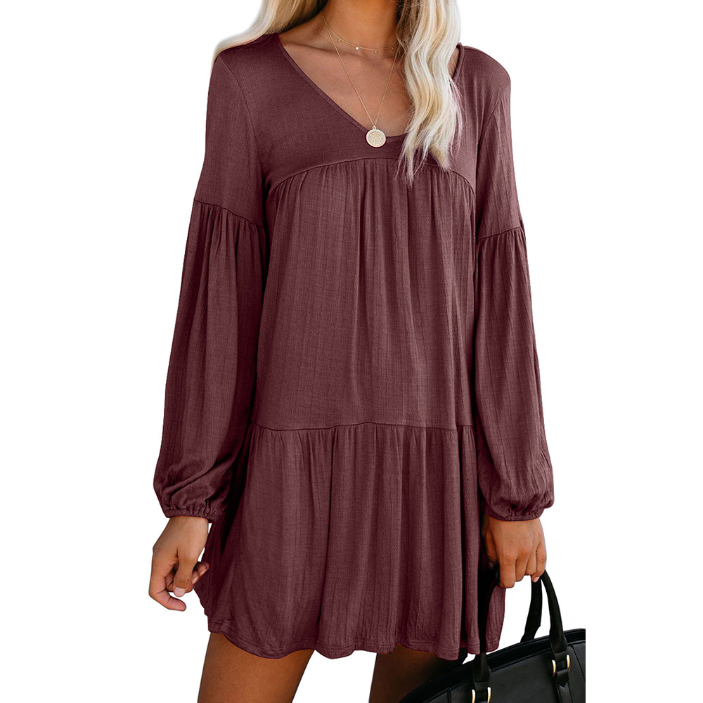 Solid Color Knee Length Dress for Women V Neck Long Sleeve Pleated Loose Fit Autumn Fashion Wholesale Available
