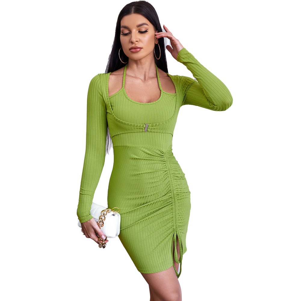 Cross border European and American Women's Two piece Style Ruched Slim Hip Skirt Knitted Long Sleeve Mini Dress