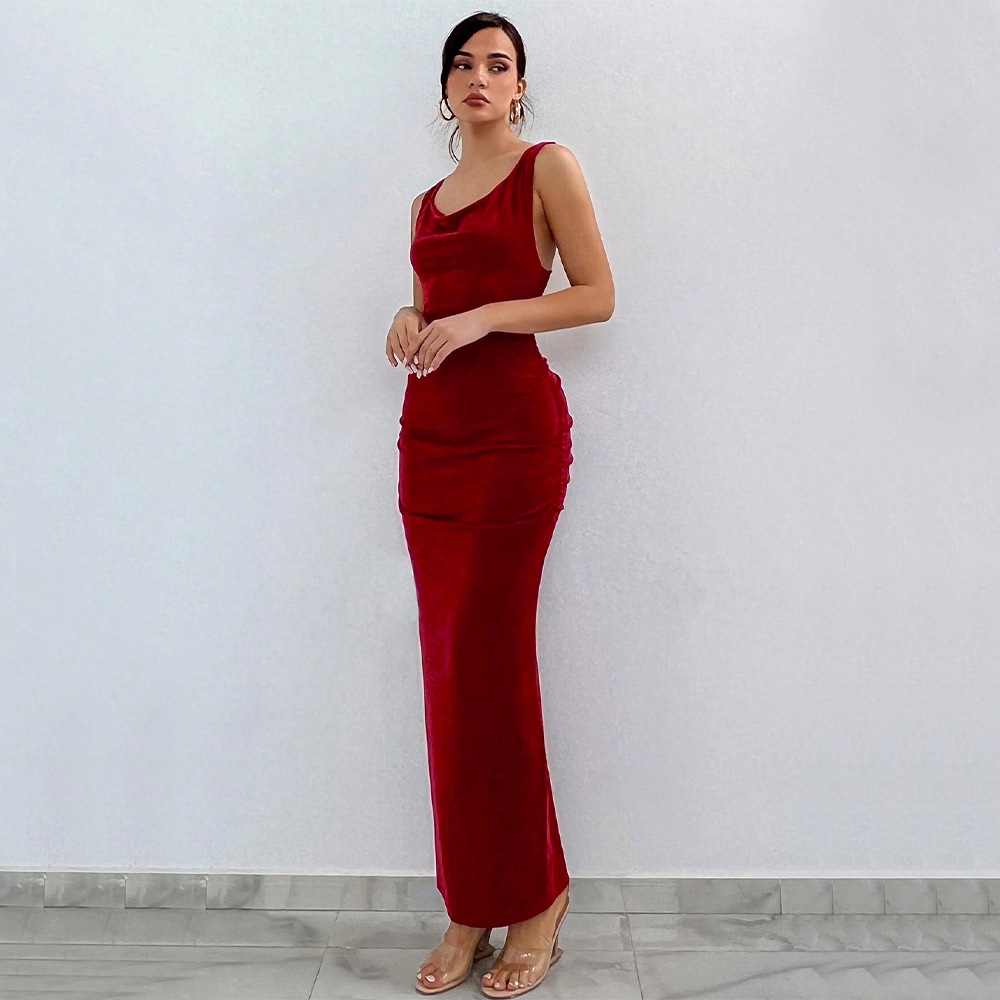 Trendy European and American Style Long Sleeve Slim Fit Back Cross Open Back Party Dress