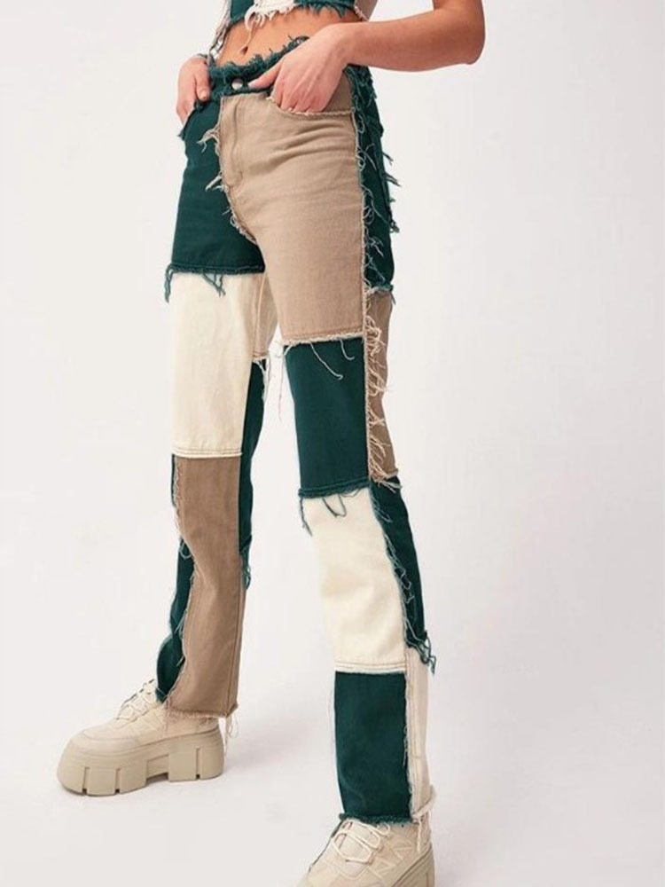 High Waisted Color Block Denim Jeans for Women Stylish Design Comfortable Fit Versatile for Casual Wear Wholesale