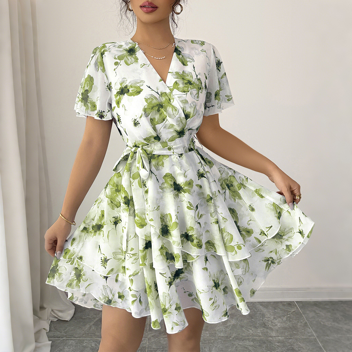 Casual Vacation Printed Short Sleeve Cake Skirt Half Skirt Dress Women's Wear Spring Summer