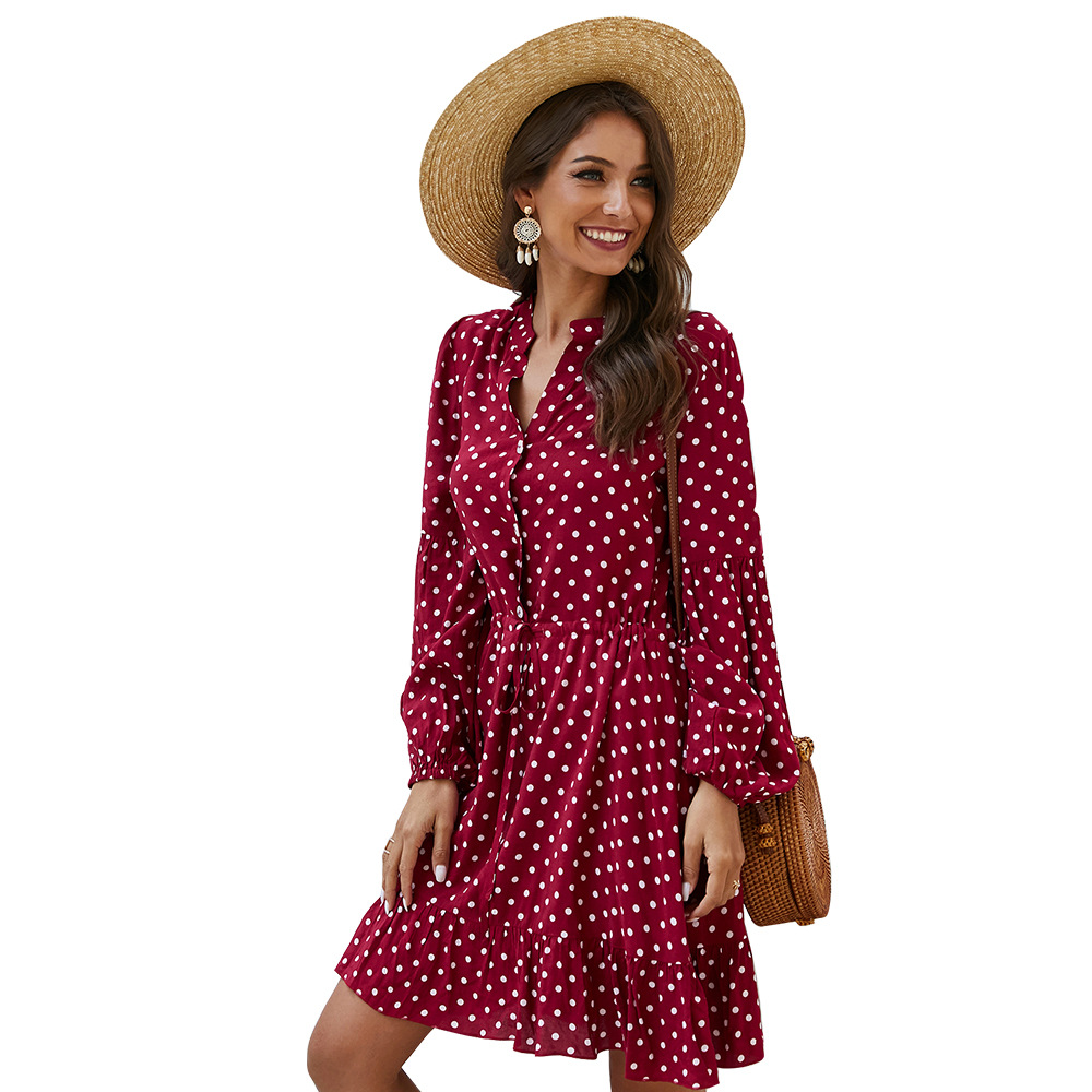 Fashion Womens Dress Long Sleeve Polka Dot Comfortable Cotton Blend Spring Summer Casual Wear Wholesale Available