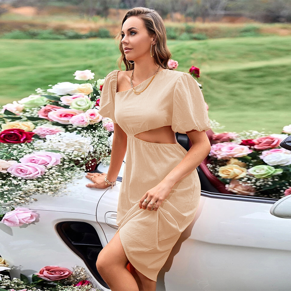 Summer Ins Popular Solid Color Casual Dress with Asymmetric Shoulder, Fresh Pastoral Style