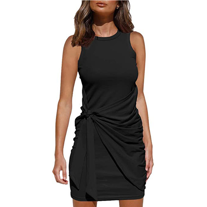 Summer Womens Dress Sleeveless Round Neck Ruched Asymmetrical Design Casual Wear Wholesale Available
