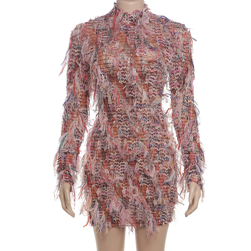 New Autumn Women's Dress with Colorful Fringes, Slim Fit, Long Sleeve, and Half High Neck for Fresh and Sweet Style